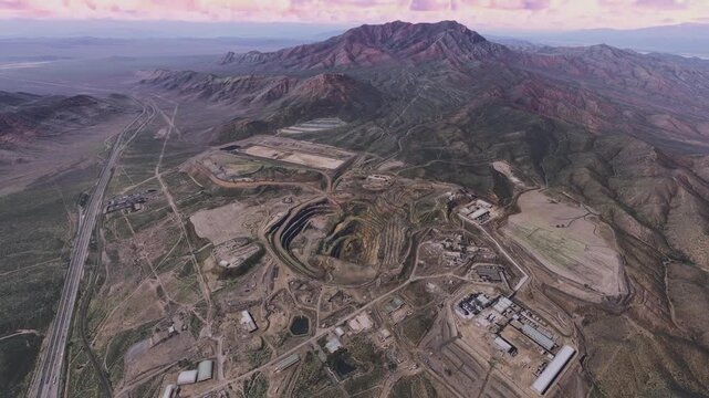 Circular aerial shot of Mountain Pass Mine in San Bernardino. Cerium and Neodymium Mining. California. United States