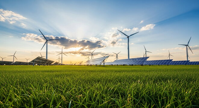 Wind turbines and solar panel field generating clean electricity. Renewable green energy production for sustainable future footage.