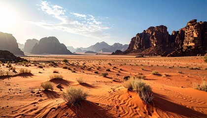 Arid Desert Landscape with Rocky Mountains and Sparse Vegetation Under a Bright Sunny Sky