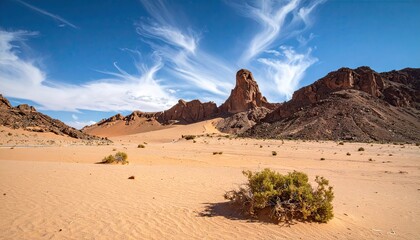 Arid Landscape Under a Bright Blue Sky with Striking Cloud Formations and Rocky Mountains