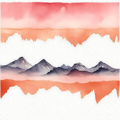 Watercolor torn landscape in red and purple tones featuring layered mountains for art design