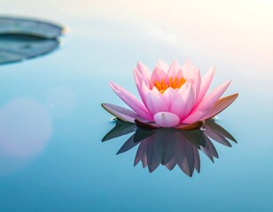 A delicate pink flower with a yellow center, gently floating on serene water. The sunlight creates a soft glow