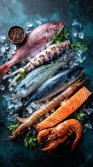 Top view of seafood assortment--fish, shrimp, squid, and crab--arranged neatly on ice, isolated on dark background, studio lighting, 8k