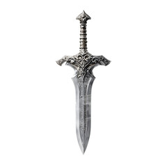 Sword of Power: A meticulously crafted, gleaming silver sword stands tall against a stark background, its intricate details promising tales of bravery and valor.