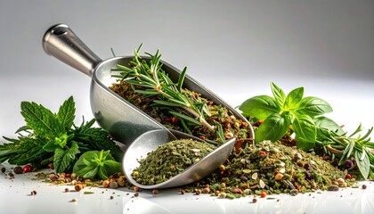 Aromatic Herbs and Spices in Silver Scoop on White Surface with Fresh Green Leaves