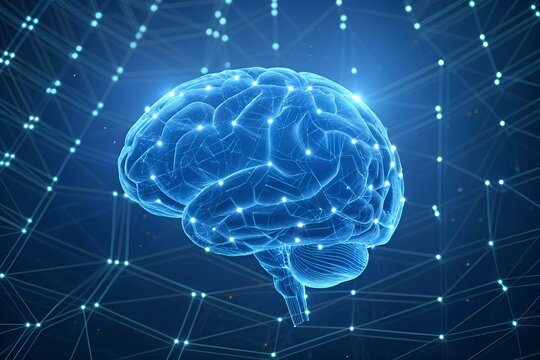 Digital Brain with Neural Nodes and Grid – Blue Light Scene, AI and Cognitive Network Conceptual Illustration