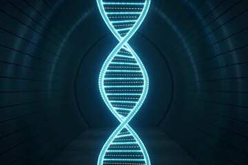 Glowing Blue DNA Helix in Dark Tunnel – Genetic Structure Scene, Futuristic Biotechnology and Molecular Conceptual
