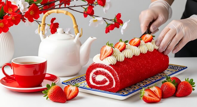 Red velvet swiss roll cake with strawberries and tea - Powered by Adobe