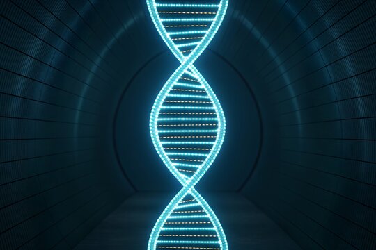 Glowing Blue DNA Helix in Dark Tunnel – Genetic Structure Scene, Futuristic Biotechnology and Molecular Conceptual - Powered by Adobe