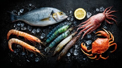 Top view of seafood assortment--fish, shrimp, squid, and crab--arranged neatly on ice, isolated on dark background, studio lighting, 8k