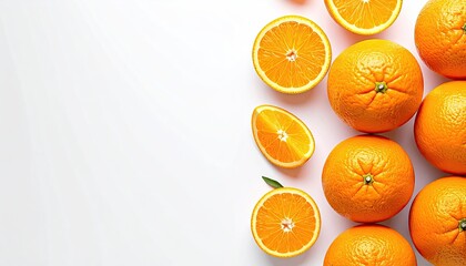 Arrangement of Bright Orange Halves and Whole Fruits on a Clean White Surface with Soft Lighting and Space for Text