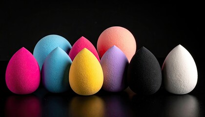 Arrangement of Colorful Makeup Sponges with Pink Blue Yellow Purple White and Black Tones on a Dark Shiny Surface