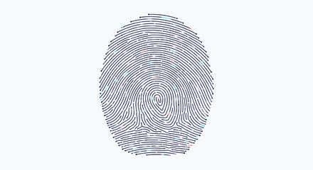 Stylized digital fingerprint with intricate lines and colorful data points, symbolizing modern biometric security and data protection technology.