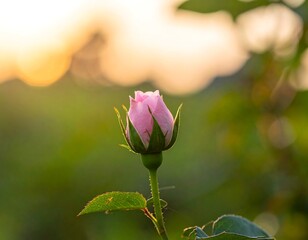 A delicate pink rosebud, bathed in golden sunlight, unfurls against a blurred green backdrop, creating a serene and natural scene