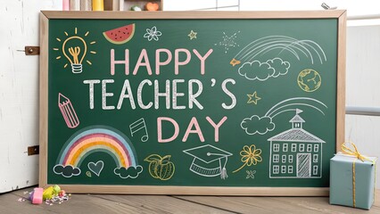 Happy Teacher’s Day Chalkboard with Colorful School Icons – Rainbow, Graduation Cap, Gift Box, Conceptual Scene