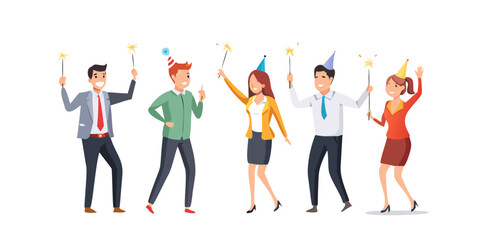 Happy office people with sparklers in hands celebrating New Year. Group of cartoon friends at party, festive corporate scene flat vector illustration. Celebration concept for banner, landing web page
