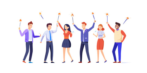 Happy office people with sparklers in hands celebrating New Year. Group of cartoon friends at party, festive corporate scene flat vector illustration. Celebration concept for banner, landing web page
