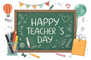 Happy Teacher’s Day Chalkboard with School Supplies – Globe, Gift, Bunting, Conceptual Celebration Scene