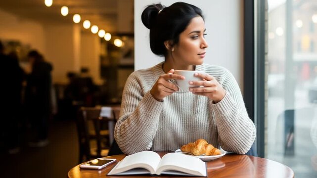 Woman sips coffee at cafe table with croissant and book by bright window