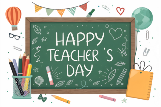 Happy Teacher’s Day Chalkboard with School Supplies – Globe, Gift, Bunting, Conceptual Celebration Scene