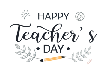 Happy Teacher’s Day Text with Educational Icons – Light Bulb, Globe, Pencil, Leaves, Conceptual Illustration