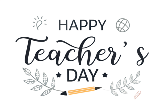 Happy Teacher’s Day Text with Educational Icons – Light Bulb, Globe, Pencil, Leaves, Conceptual Illustration
