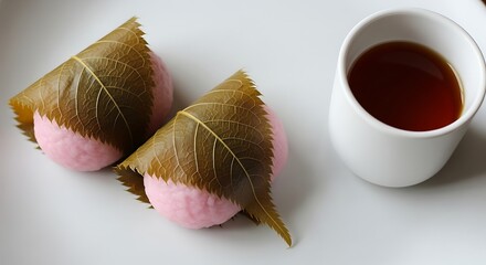 Sakura mochi with tea on a white plate