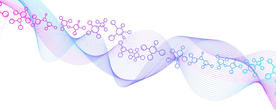 Abstract Molecular Structure with Colorful Wave Lines. DNA helix, DNA strand, DNA Test. Molecule or atom, neurons. Abstract structure for science or medical background, banner.