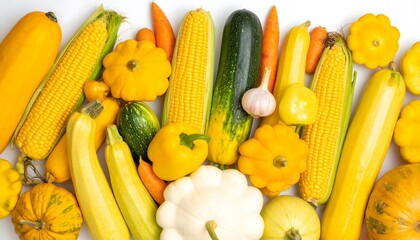 Vibrant yellow vegetable flat lay on white. Fresh autumn harvest mix with corn, zucchini, squash, and peppers. Perfect for healthy food, vegan, or diet concepts.