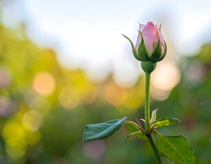 A delicate pink rosebud, still closed, is shown in sharp focus against a soft, out-of-focus bokeh background of green and yellow light