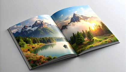 Journey through an open photobook displaying vibrant scenes of alpine peaks, tranquil lakes, and sunlit forests