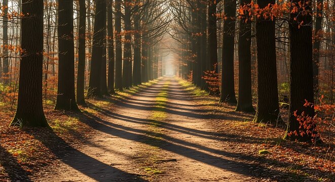A sunlit forest path lined with tall trees with vibrant autumn leaves