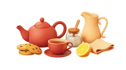 Warm beverages and cookies arrangement features teapot cup lemon sugar bowl milk pitcher and cloth