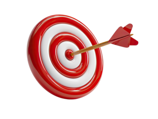 Red & white target hit by arrow in the bullseye, against black