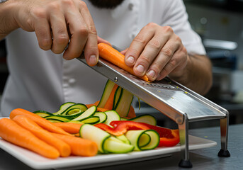 Chef slicing vegetables with vegetable slicer