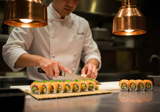 Chef preparing sushi rolls