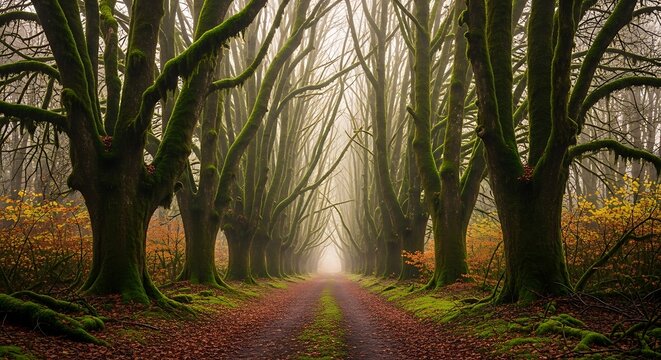 Misty forest path framed by ancient moss-covered trees in autumn