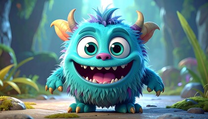 A cute, blue, fluffy monster with large green eyes and a big grin, in a lush, green forest setting