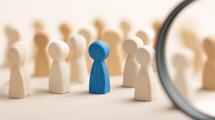 Standing Out: a striking image of a unique figure is center stage, under a magnifying glass, standing apart, representing concepts of individuality, analysis and differentiation.