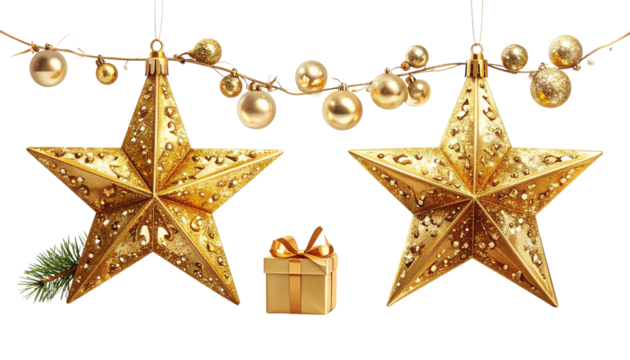 Star Garland and Ornament Gift Scene, isolated on transparent background 