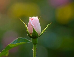 A delicate pink rosebud, still tightly closed, glows in soft sunlight. Green leaves and a blurred backdrop offer a natural bokeh