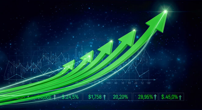 Financial growth concept, green arrows up, stock market chart, business success, investment profit, economy increase, trading data analytics, futuristic space background