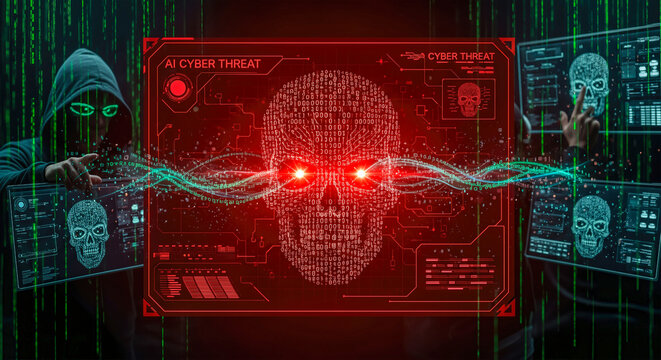 AI Cyber Threat, hacker attack, digital skull, binary code, green matrix background, computer crime, data breach, malware virus, ransomware warning, technology danger