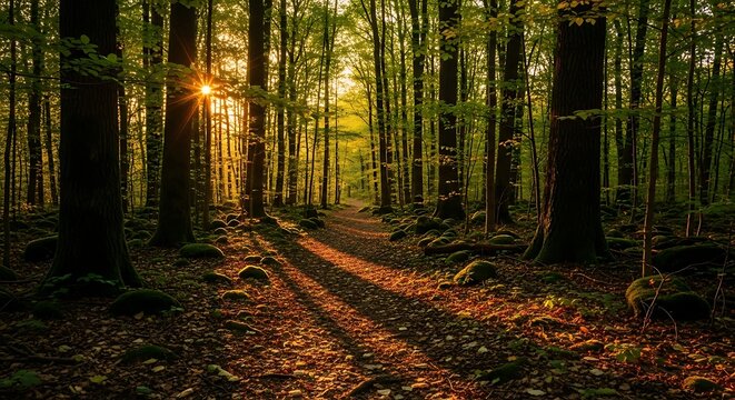 Golden sunlight illuminates a tranquil forest path among tall trees