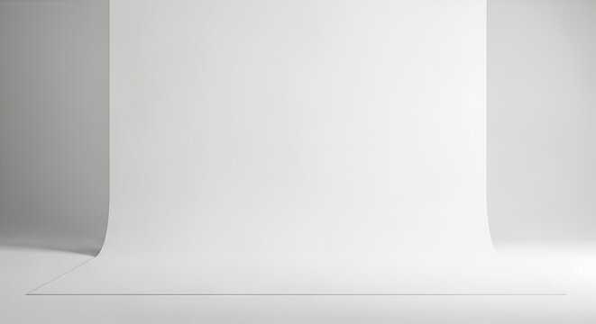 Empty photo studio, white cyclorama background, clean minimalist setup, professional photography backdrop, 3D render, modern bright room, product presentation space