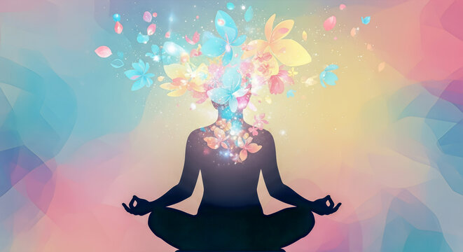 Mental health concept, meditation, mindfulness, person silhouette in lotus pose, colorful butterflies, abstract background, psychology, spiritual wellness, inner peace