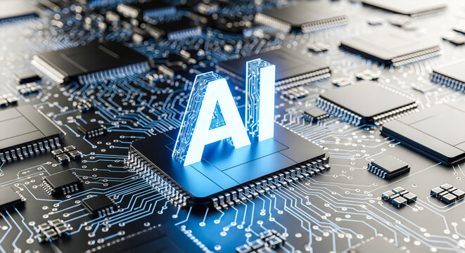 AI concept, Artificial Intelligence logo, glowing text on microchip, circuit board background, future technology, machine learning, data processing, cpu - Powered by Adobe
