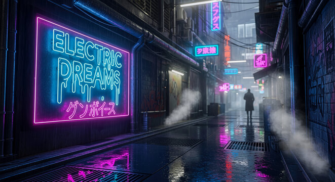 Cyberpunk city alley, futuristic neon signs, 'Electric Dreams', wet street reflections, dark rainy night, sci-fi, blade runner style, figure silhouette