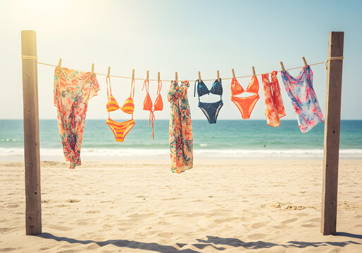 Colorful beachwear drying on clothesline