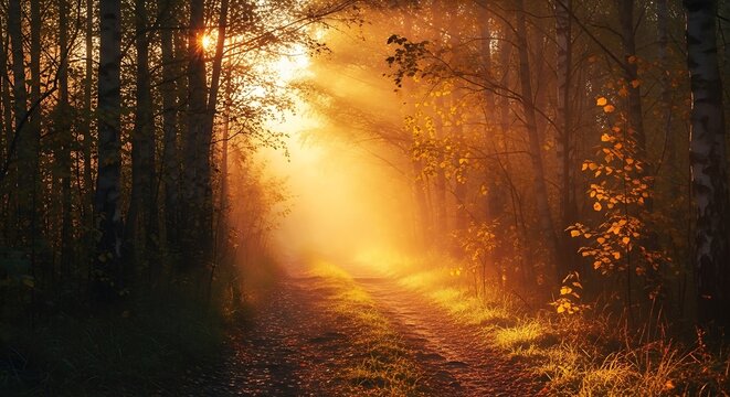 Golden sunlight illuminates a misty forest path surrounded by trees in autumn